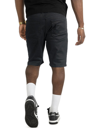 On Time Fashions Makobi Prego black denim shorts with a slim fit and distressed detail.