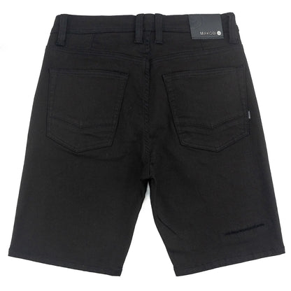 On Time Fashions Makobi Prego black denim shorts with distressed detail on the right leg.