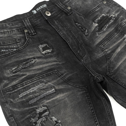 On Time Fashions Makobi Prego black distressed denim shorts with ripped detailing.