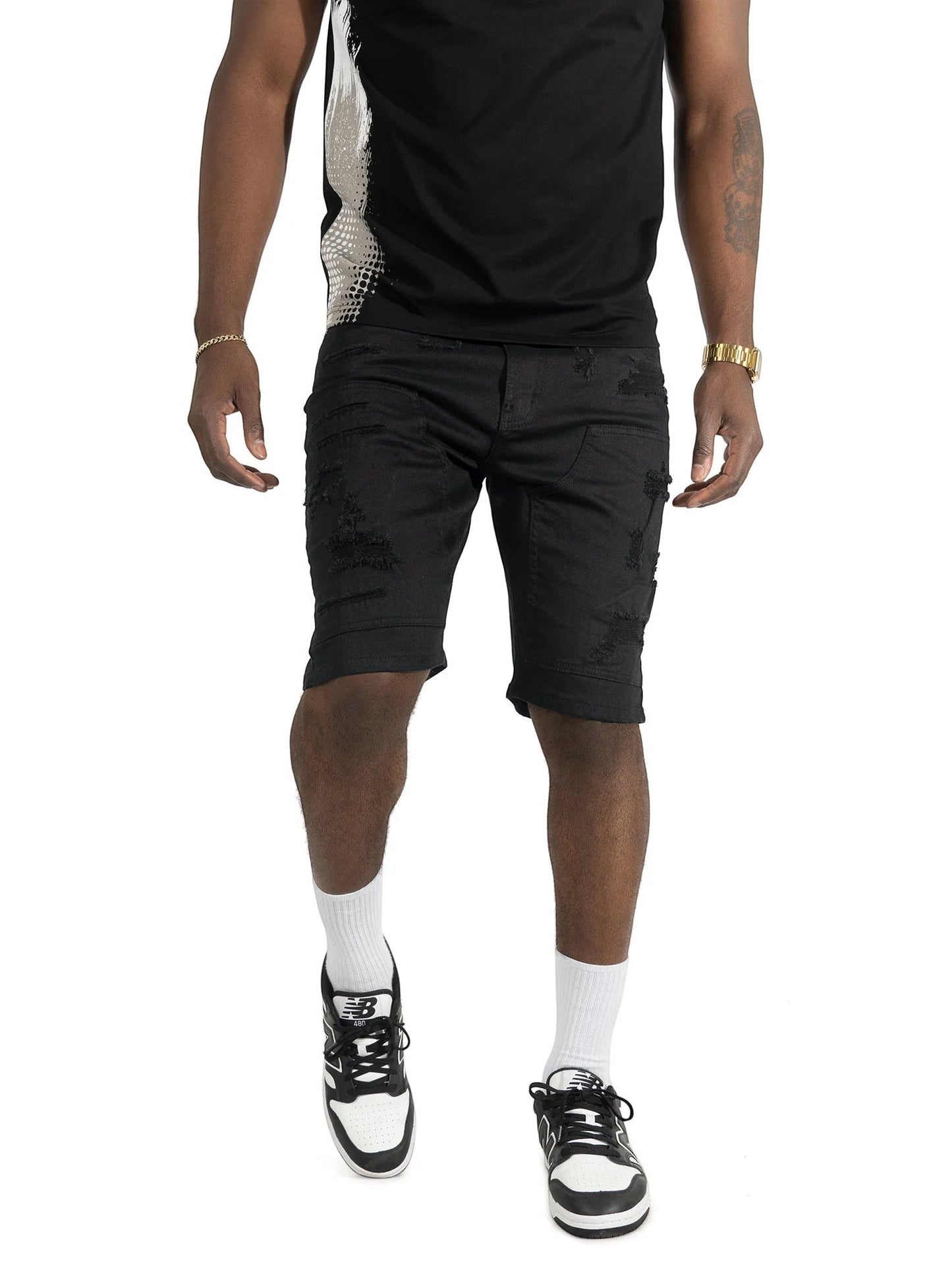 On Time Fashions Makobi Prego black distressed denim shorts with ripped detailing and a slim fit.