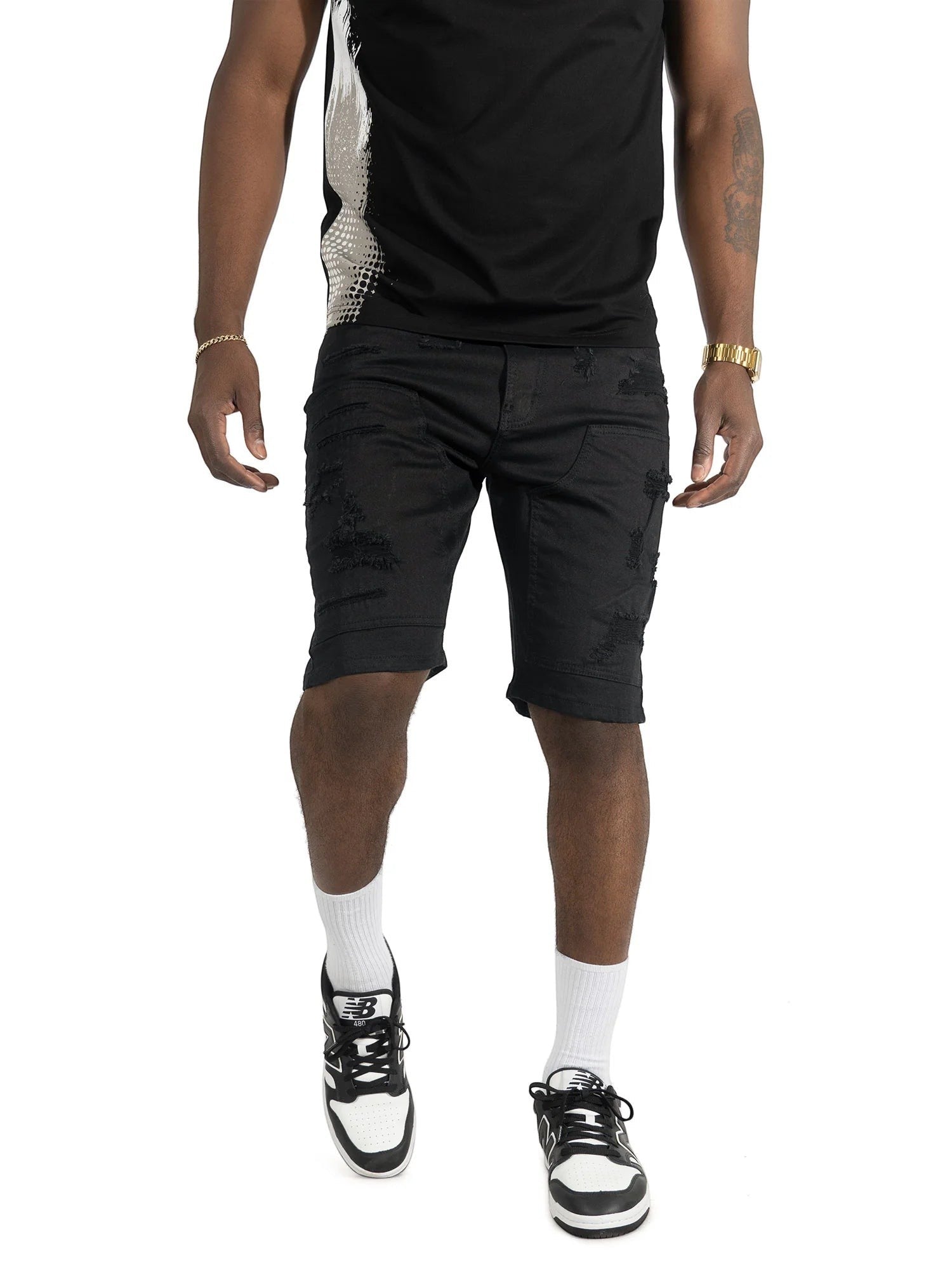 On Time Fashions Makobi Prego black distressed denim shorts with ripped detailing and a slim fit.