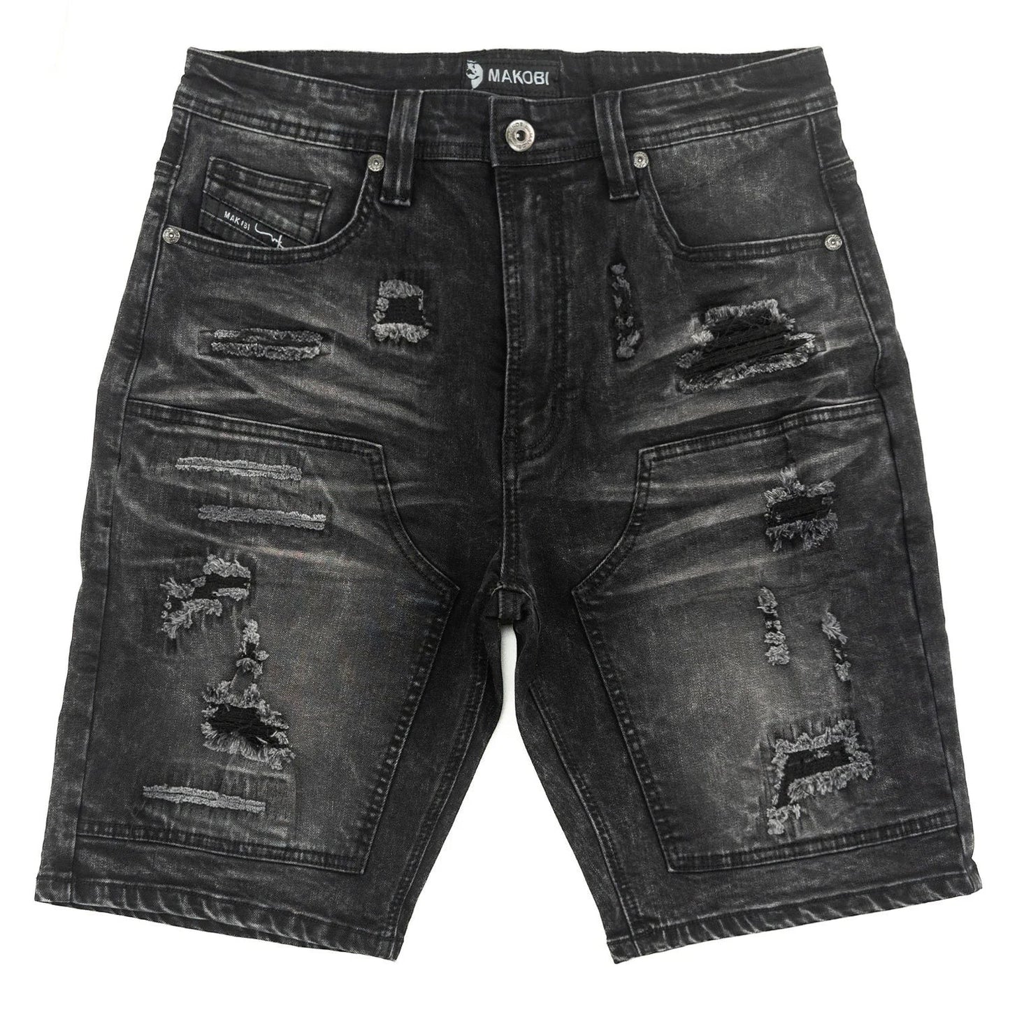 On Time Fashions Makobi Prego black distressed denim shorts with ripped details and premium construction.