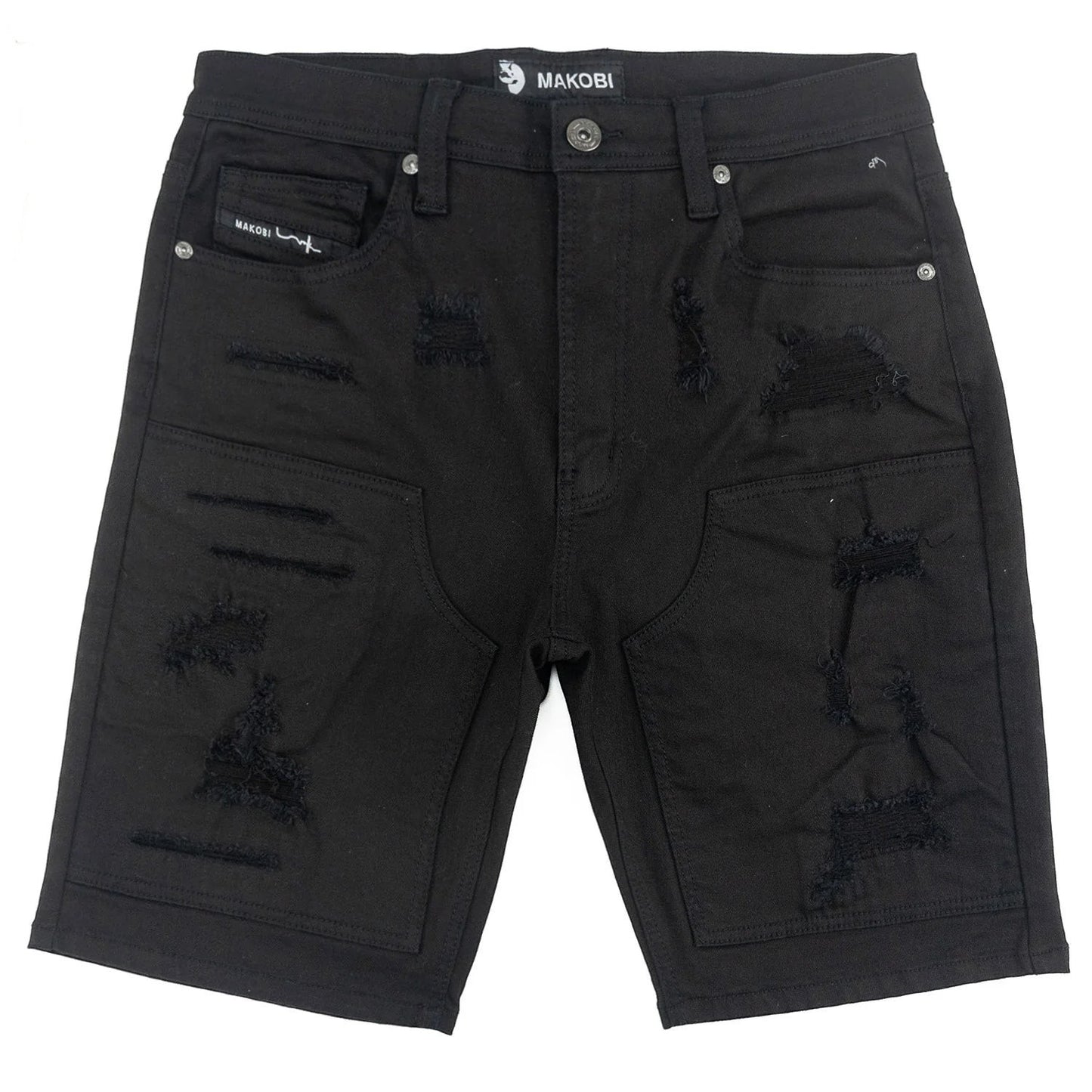 On Time Fashions Makobi Prego black denim shorts with distressed detailing and unique pocket design.