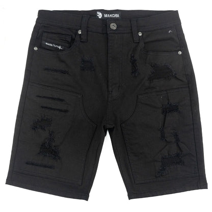 On Time Fashions Makobi Prego black denim shorts with distressed detailing and unique pocket design.