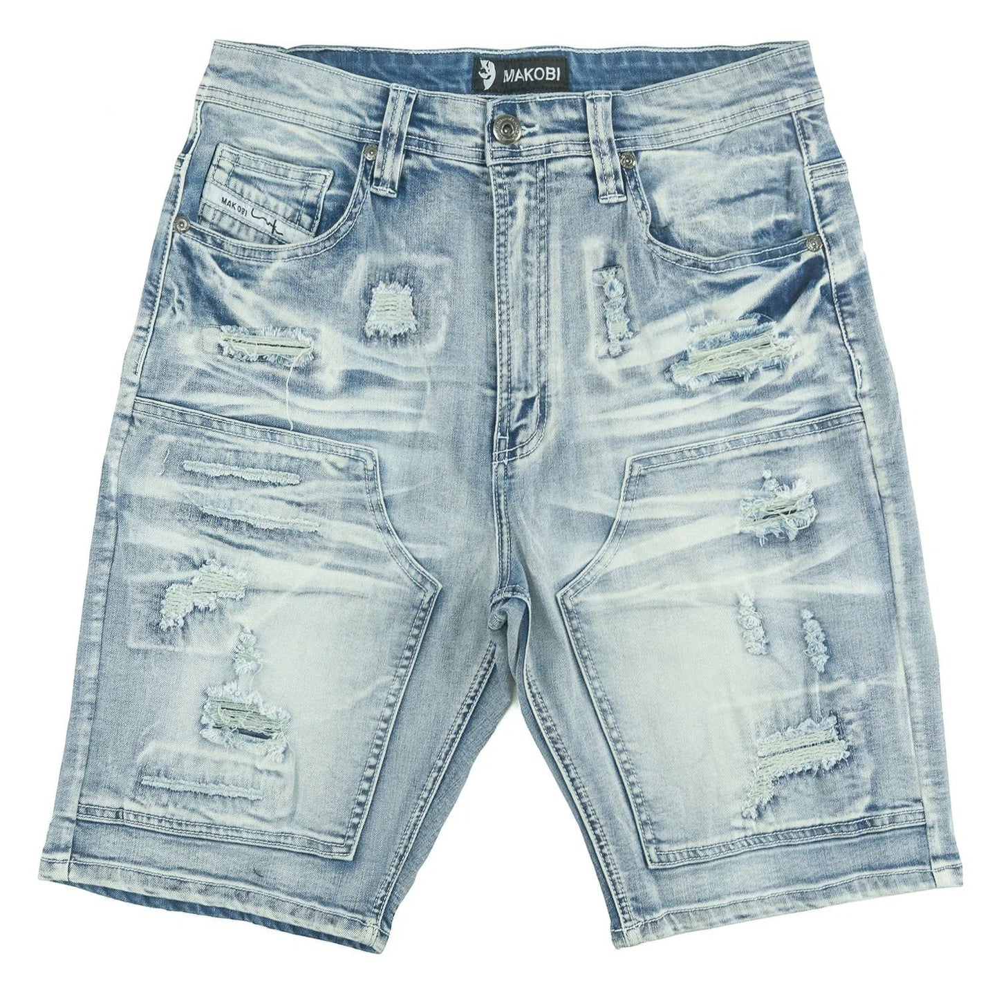 On Time Fashions Makobi Prego light wash denim shorts with distressed rips and patchwork details.