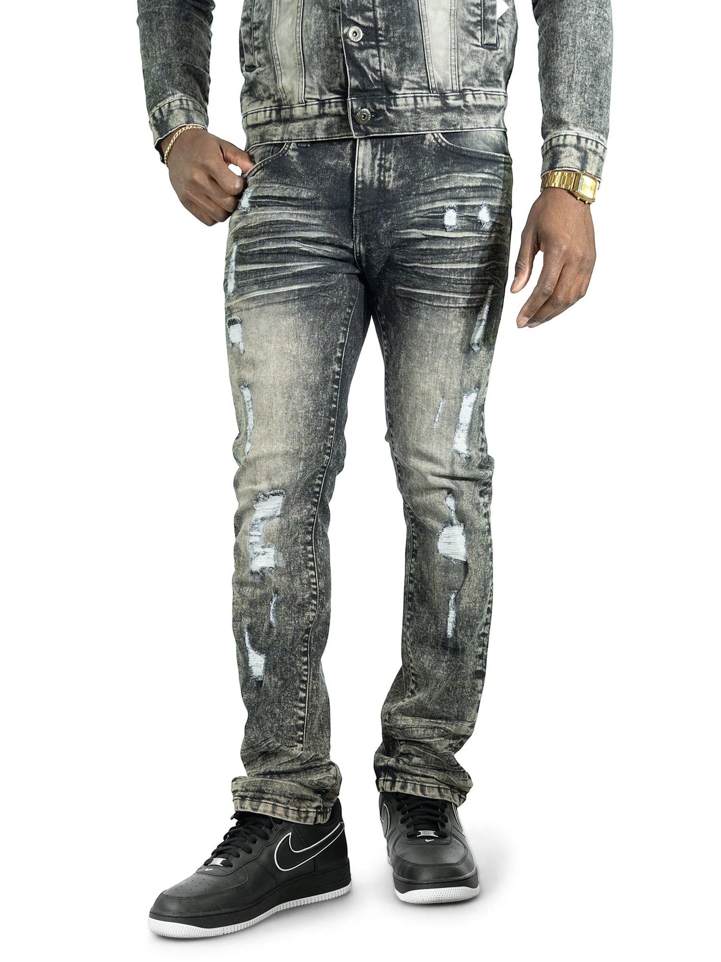 On Time Fashions Makobi Prego distressed grey wash denim jeans with ripped details.