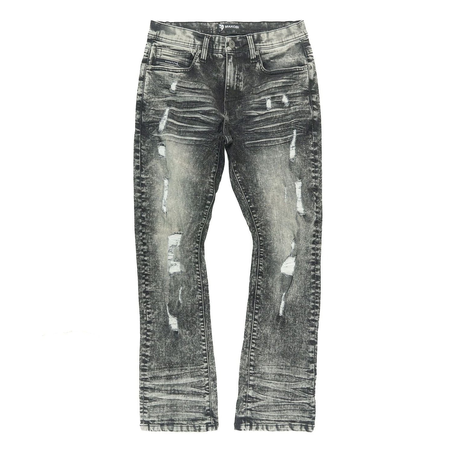 On Time Fashions Makobi Prego Jeans in a distressed black and grey acid wash denim with ripped details.