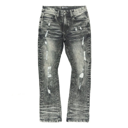 On Time Fashions Makobi Prego Jeans in a distressed black and grey acid wash denim with ripped details.