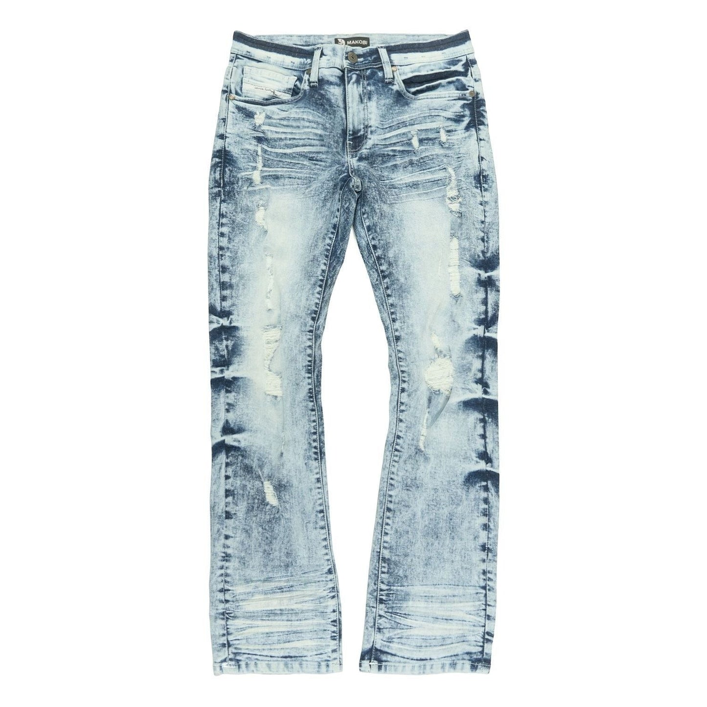 On Time Fashions Makobi Prego Jeans: light blue distressed denim with dark blue tie-dye accents and ripped details.