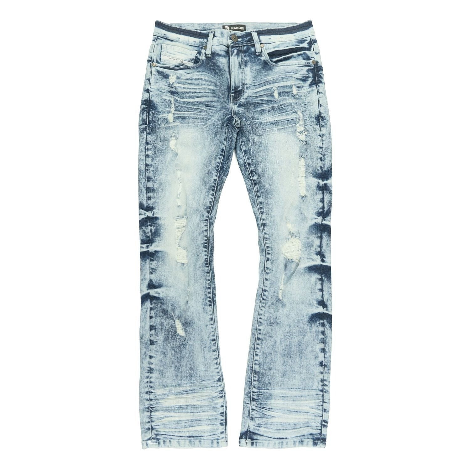 On Time Fashions Makobi Prego Jeans: light blue distressed denim with dark blue tie-dye accents and ripped details.