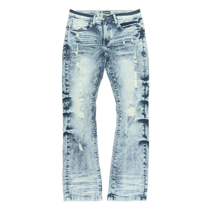 On Time Fashions Makobi Prego Jeans: light blue distressed denim with dark blue tie-dye accents and ripped details.