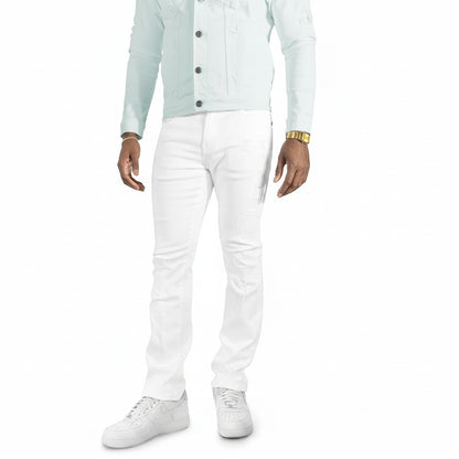 On Time Fashions Makobi Prego light blue distressed denim jeans for men. Slim fit with ripped details.