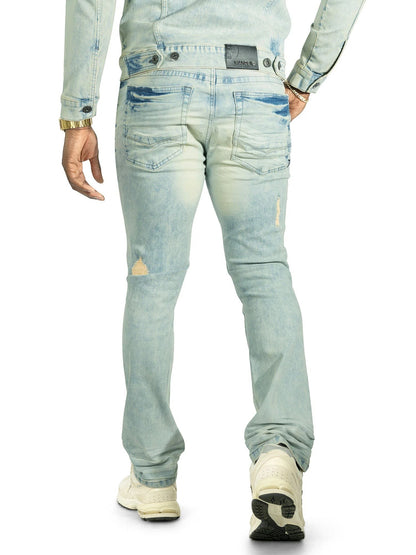 On Time Fashions Makobi Prego light wash distressed denim jeans with a slim fit and subtle rips.