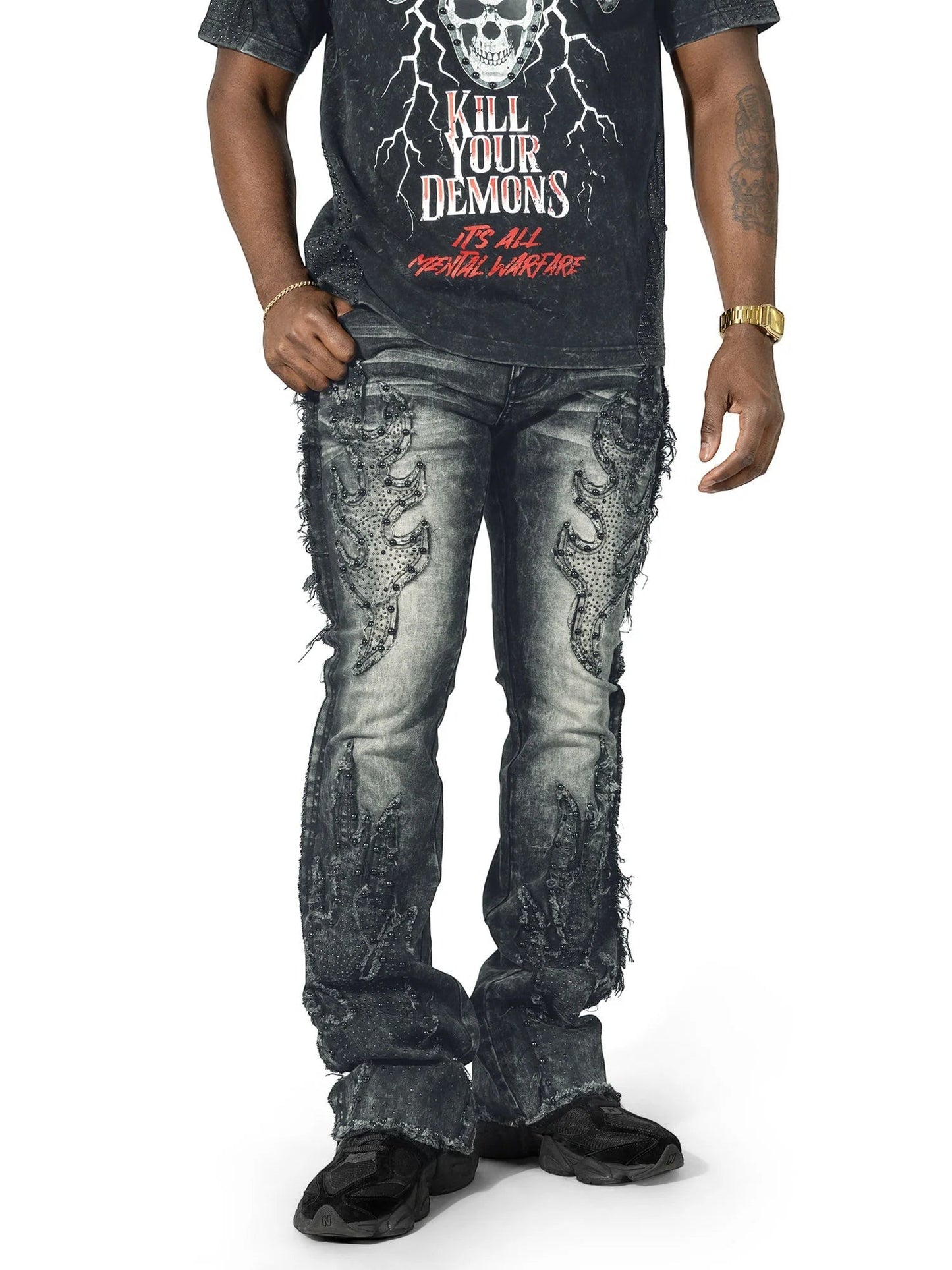 On Time Fashions Makobi Tesoro stacked jeans in charcoal grey denim with distressed detailing and beaded embellishments.