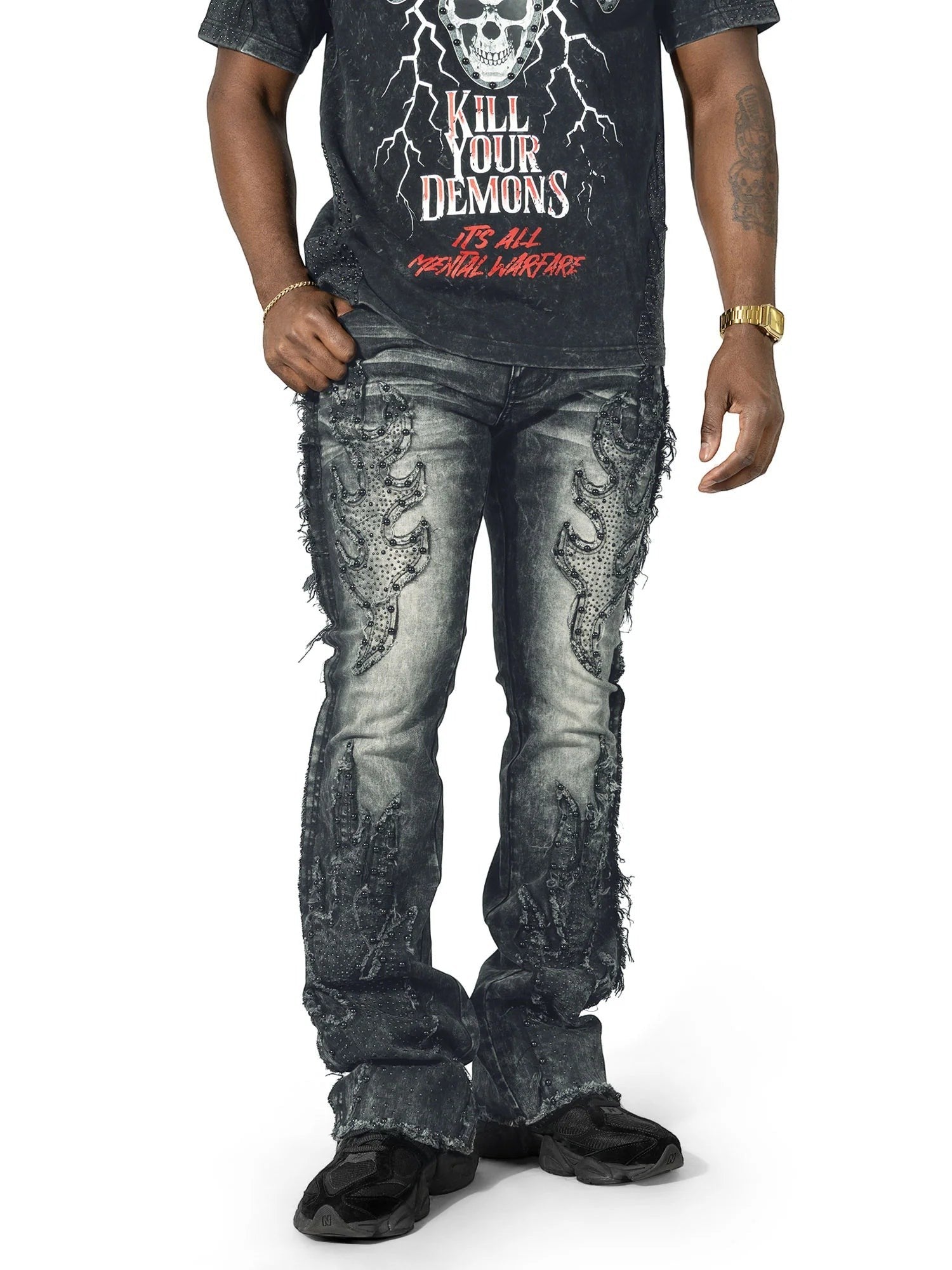 On Time Fashions Makobi Tesoro stacked jeans in charcoal grey denim with distressed detailing and beaded embellishments.