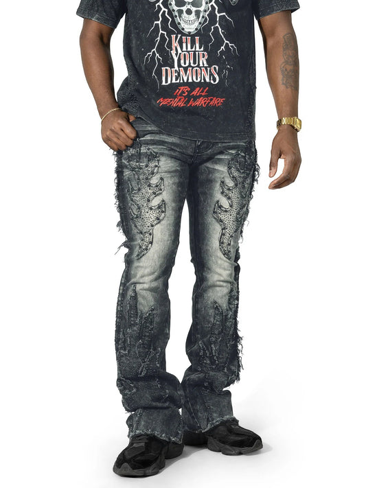 On Time Fashions Makobi Tesoro stacked jeans in charcoal grey denim with distressed detailing and beaded embellishments.