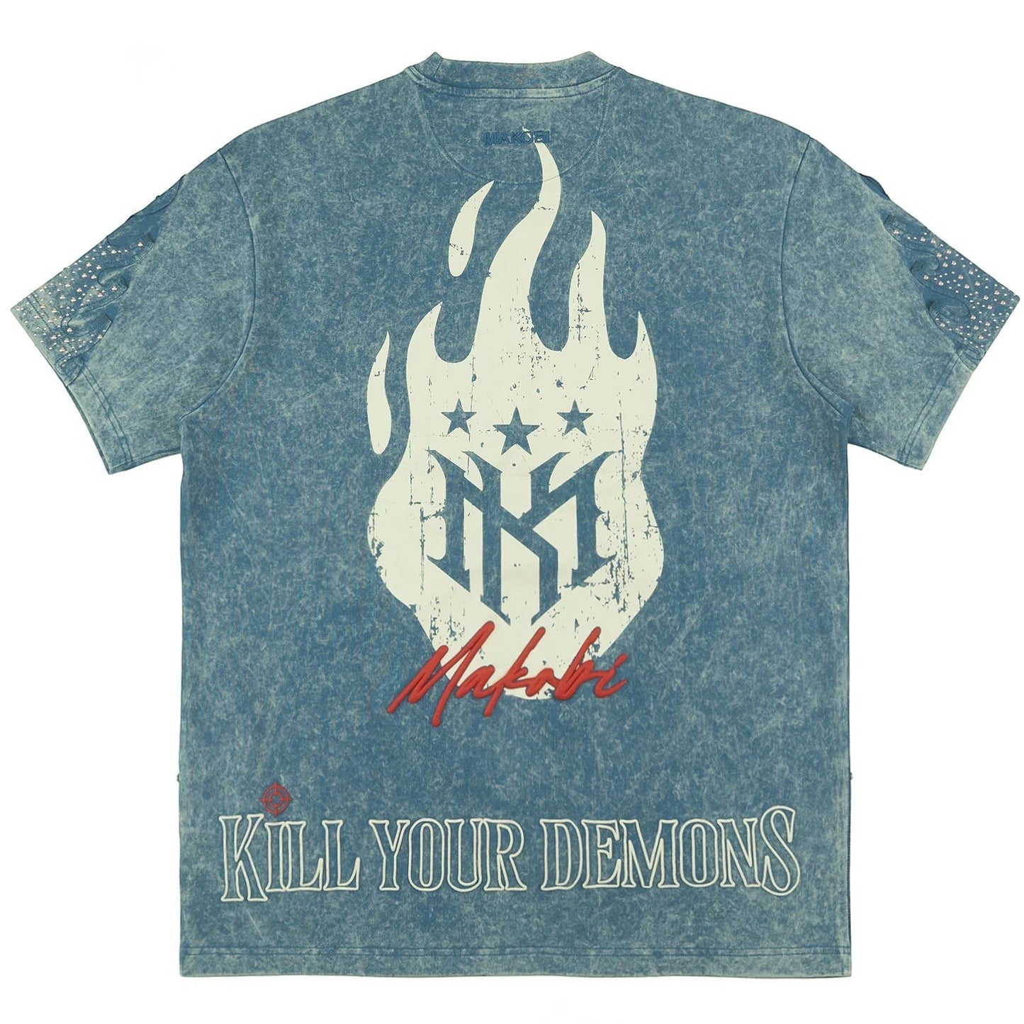 On Time Fashions Makobi Tesoro Tee, blue acid wash cotton with distressed graphic print and text.