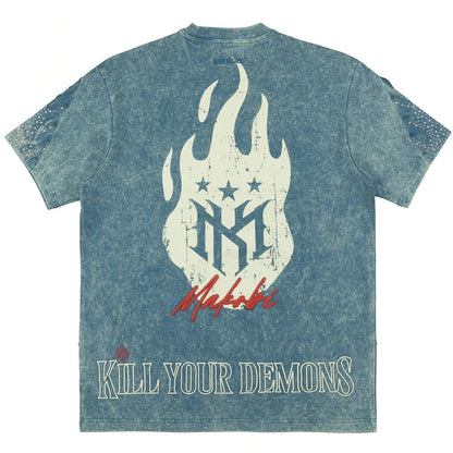 On Time Fashions Makobi Tesoro Tee, blue acid wash cotton with distressed graphic print and text.
