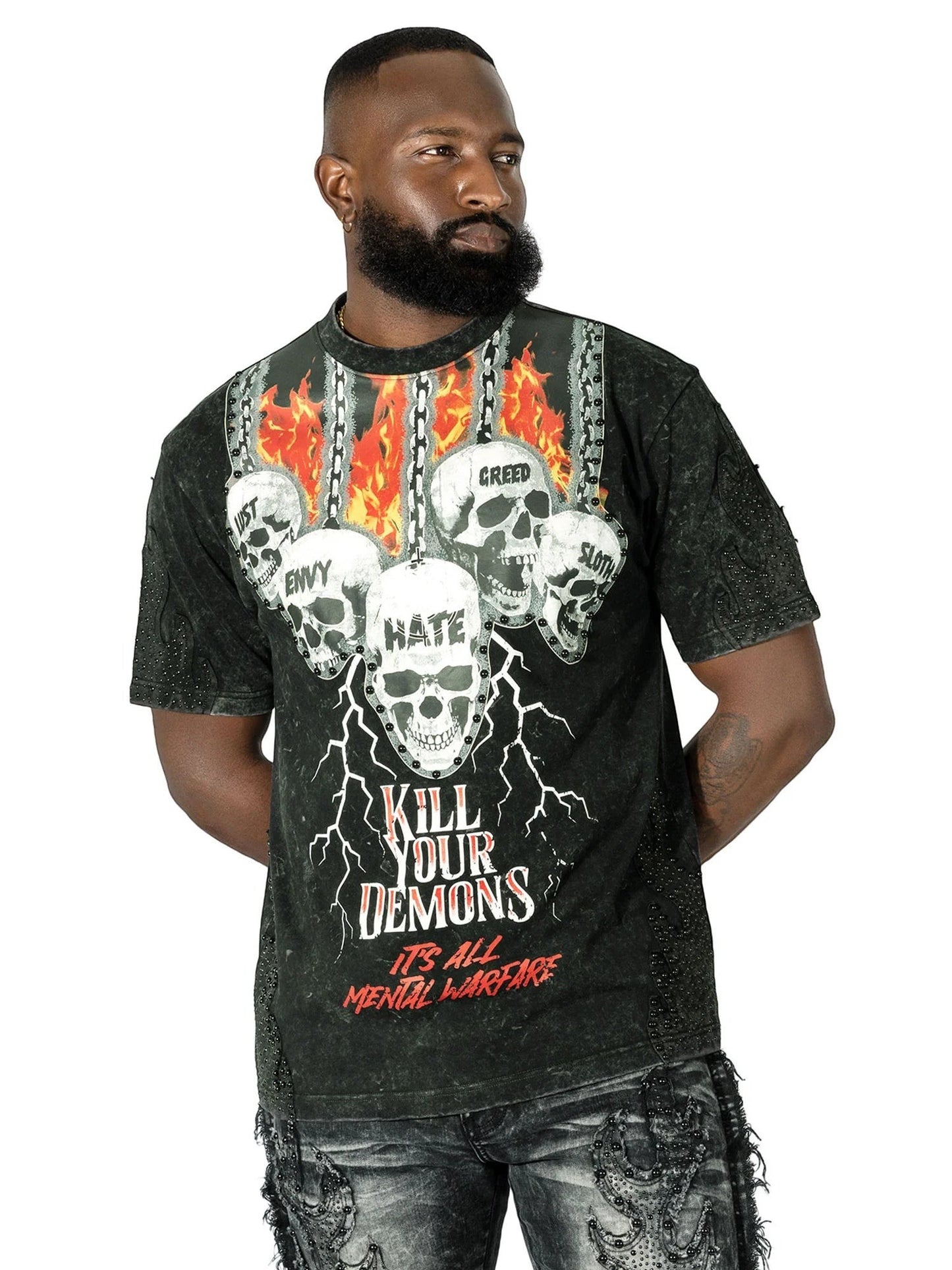 On Time Fashions Makobi Tesoro Tee black graphic t-shirt with skulls, flames, and lightning print. Distressed details.
