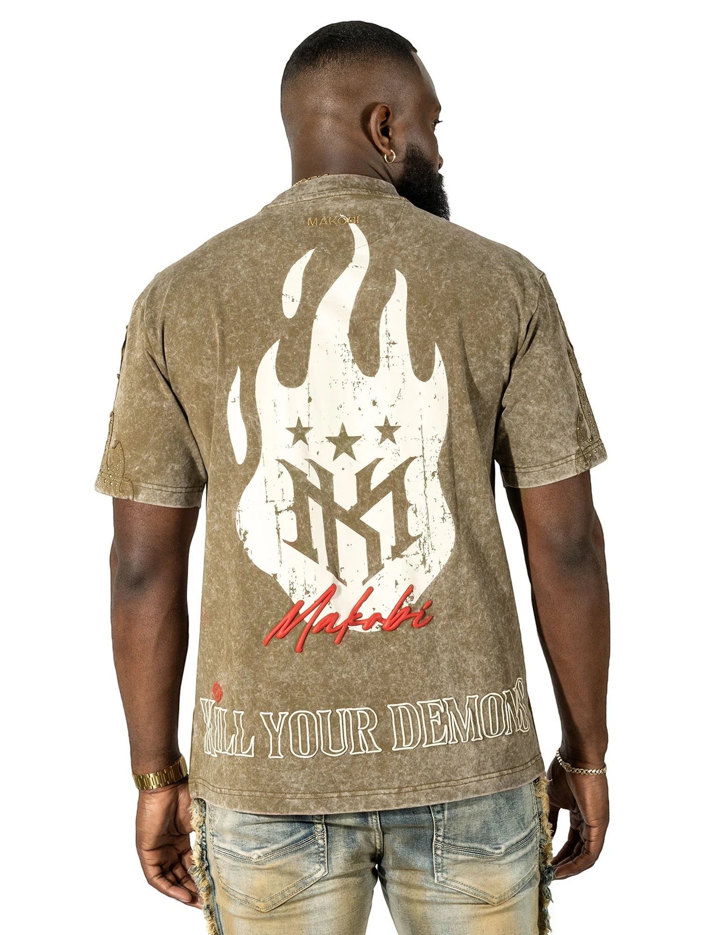On Time Fashions Makobi Tesoro Tee in olive green with distressed graphic print and text.