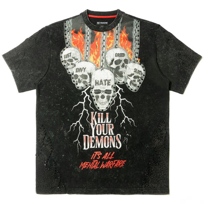On Time Fashions Makobi Tesoro Tee, black mineral wash cotton with graphic print of skulls, flames, and lightning. Features text "KILL YOUR DEMONS" and "IT'S ALL MENTAL WARFARE".