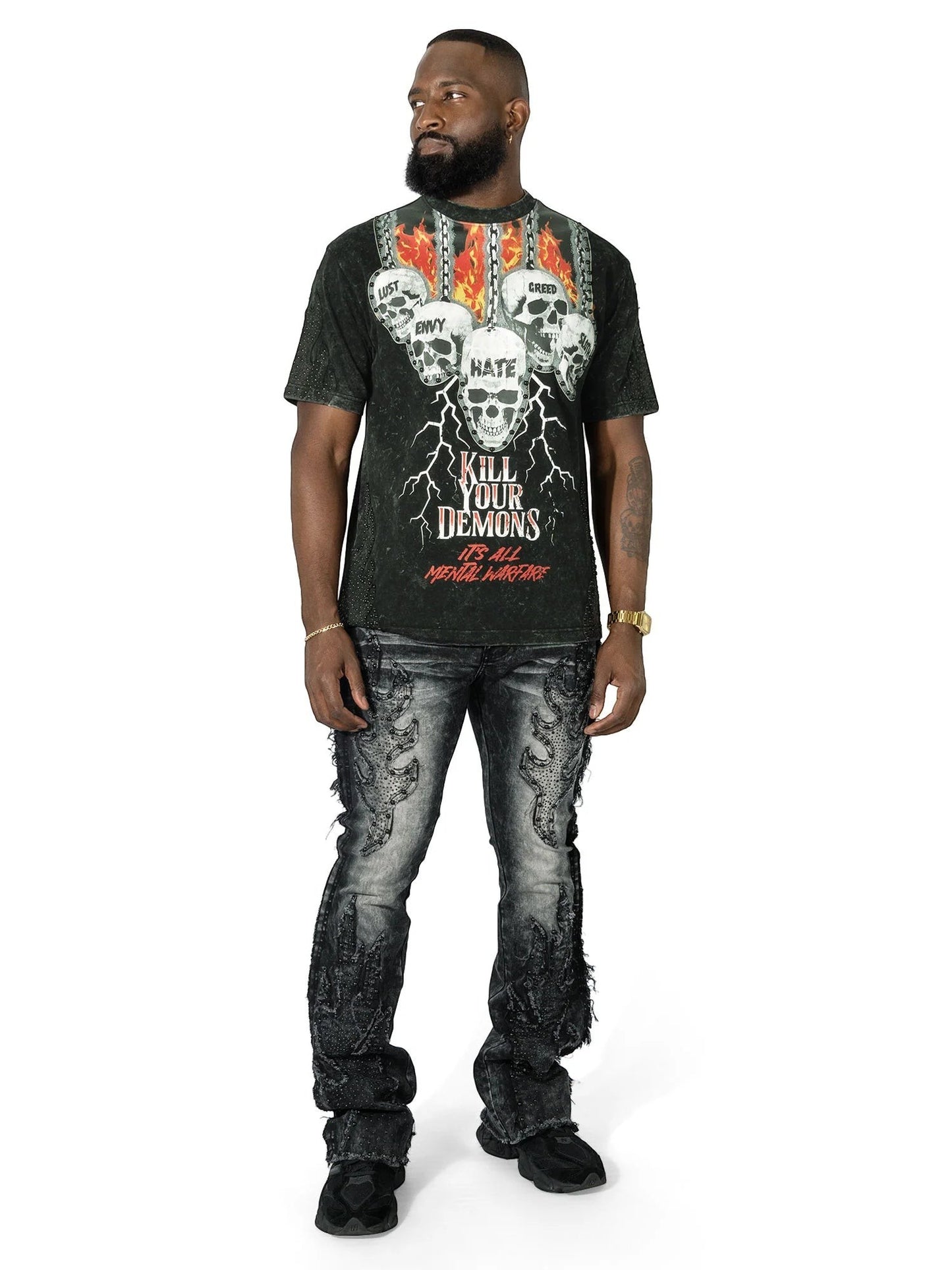On Time Fashions Makobi Tesoro Tee with graphic print of skulls and flames,