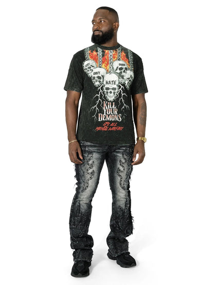 On Time Fashions Makobi Tesoro Tee with graphic print of skulls and flames,