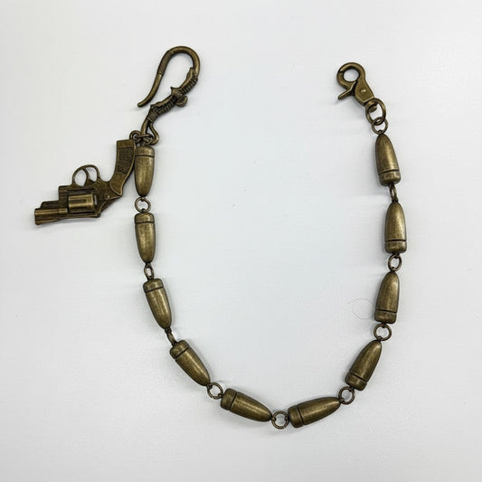 On Time Fashions antique brass pistol link chain with bullet accents and lobster clasp.