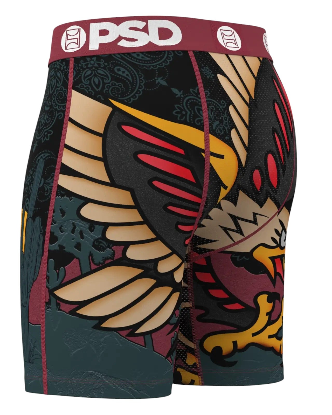 On Time Fashions PSD Eagle Soar boxer briefs with bold eagle graphics, desert landscape, and paisley pattern. Red waistband with PSD logo.