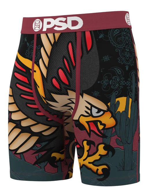 On Time Fashions PSD Eagle Soar boxer briefs with bold eagle graphics, desert scene, and paisley print. Premium stretch fabric.