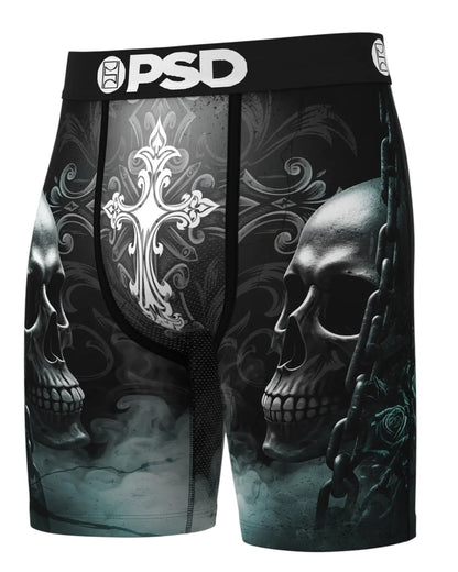 On Time Fashions PSD Frostbite Crucifix boxer briefs with skulls, chains, and ornate cross graphic. Black and grey.