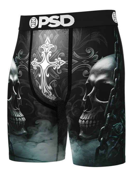 On Time Fashions PSD Frostbite Crucifix boxer briefs with skulls, chains, and ornate cross graphic. Black and grey.