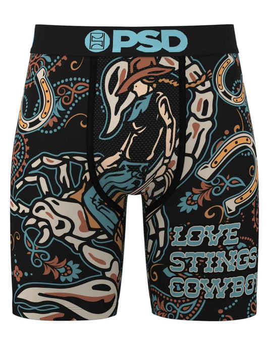 On Time Fashions PSD Love Stings cowboy skeleton print boxer briefs with stretch comfort and bold graphics.