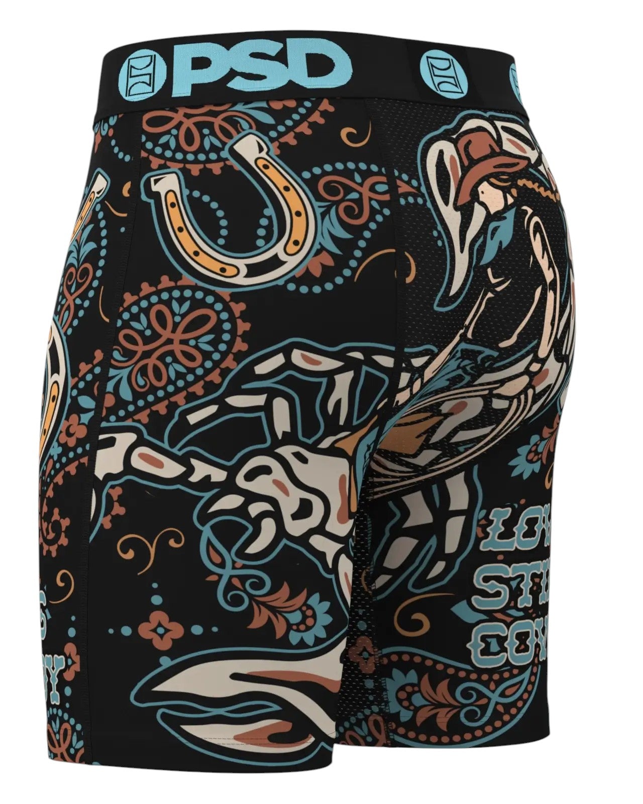 On Time Fashions PSD Love Stings black boxer briefs with horseshoe and skeleton hand graphics, stretch comfort.