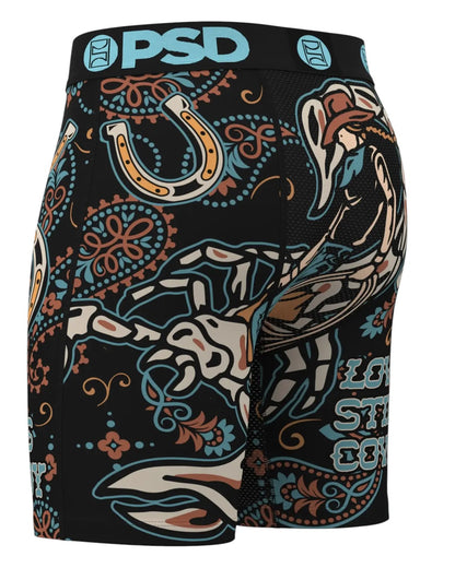 On Time Fashions PSD Love Stings black boxer briefs with horseshoe and skeleton hand graphics, stretch comfort.
