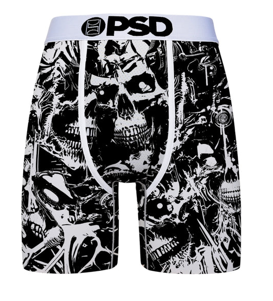 On Time Fashions PSD The Takeover black and white skull print boxer briefs with white waistband.
