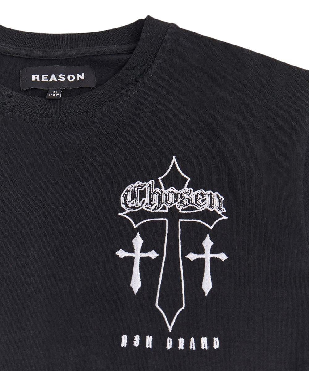 On Time Fashions black cotton Reason Chosen Cross Tee with white graphic print and embroidered details.