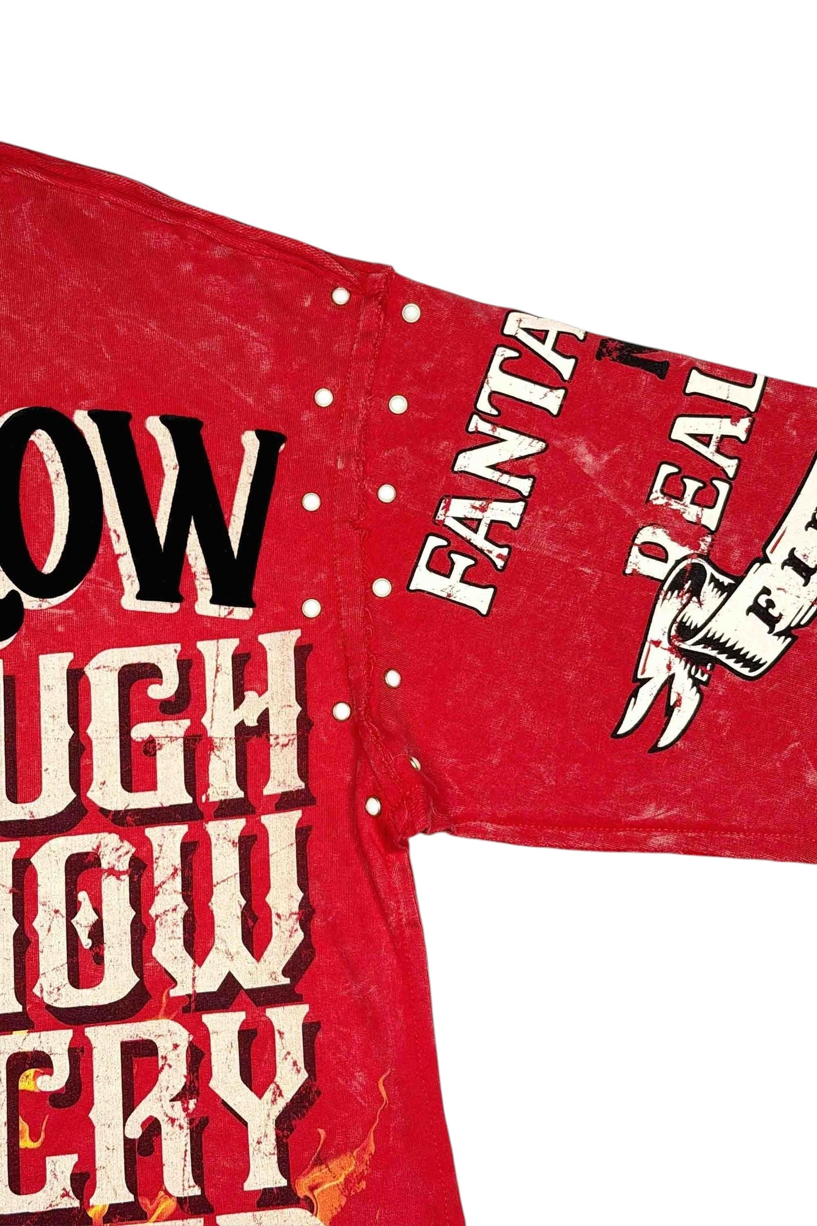 On Time Fashions red mini terry tee with "Laugh Now Cry Later" graphic, pearl stud details, and raw hem.