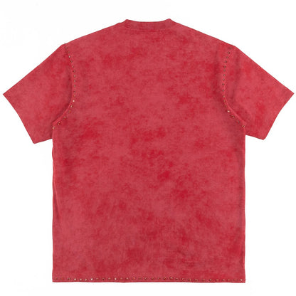 On Time Fashions red mineral wash cotton t-shirt with studded details on sleeves and hem.