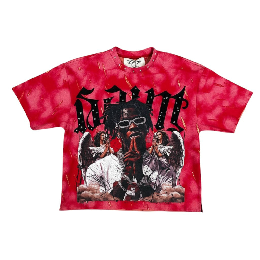 On Time Fashions red tie-dye Saint cropped tee with graphic print of a rapper and angels. French terry fabric.