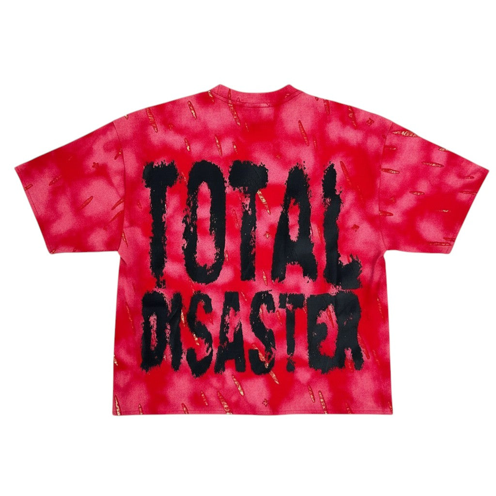 On Time Fashions Saint Cropped Tee, red tie-dye French terry with black "TOTAL DISASTER" graphic.