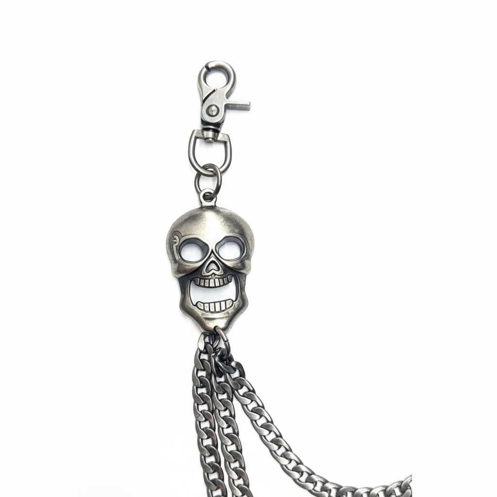 On Time Fashions silver metal wallet chain with a 3D skull charm and multiple curb chains.