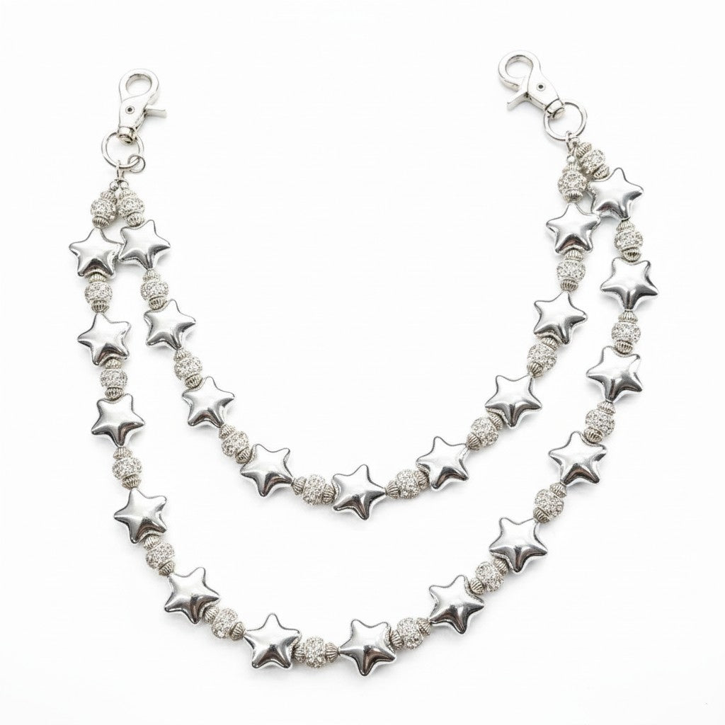 On Time Fashions silver star chain with crystal accents and lobster clasps. Statement accessory for bold styling.