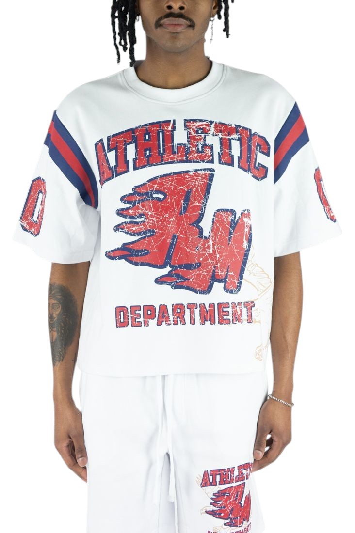 On Time Fashions white cotton jersey with red and blue athletic graphics and sleeve stripes.