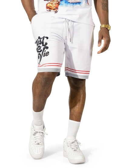 On Time Fashions white cotton blend shorts with 'Cest La Vie' rhinestone graphic and red/grey striped trim.