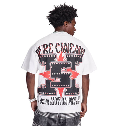 On Time Fashions white cotton t-shirt with bold "FIRE CINEMA 35mm MOTION PICTURE" graphic print on back.