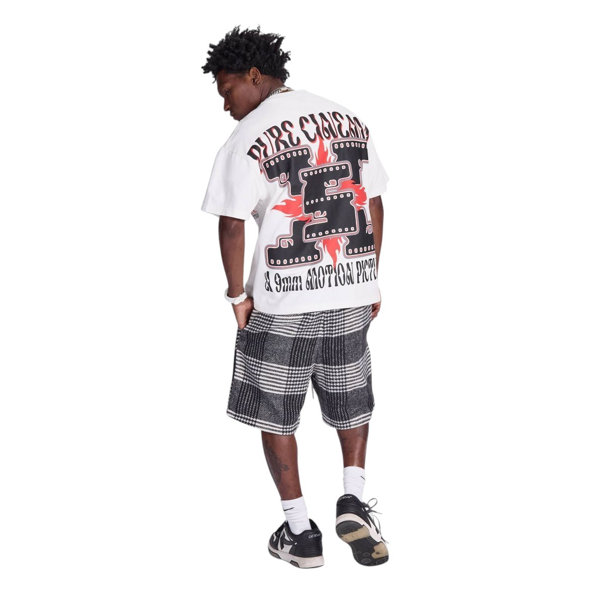 On Time Fashions white cotton t-shirt with bold black and red "Pure Cinema" graphic print on back.