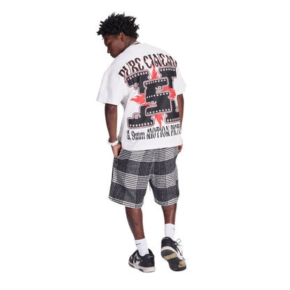 On Time Fashions white cotton t-shirt with bold black and red "Pure Cinema" graphic print on back.