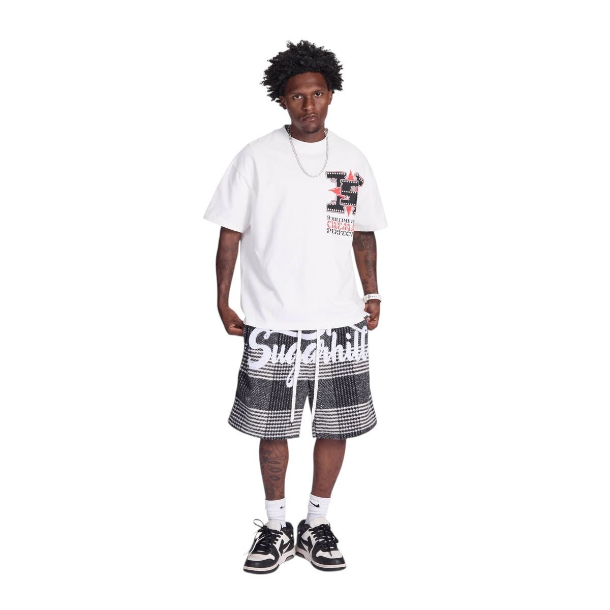 On Time Fashions white cotton t-shirt with bold red and black cinema graphic on chest. Modern streetwear style.