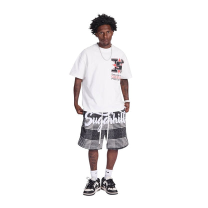 On Time Fashions white cotton t-shirt with bold red and black cinema graphic on chest. Modern streetwear style.